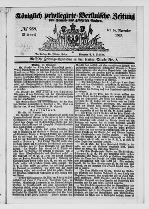 Königlich privilegirte Berlinische Zeitung von Staats- und gelehrten Sachen on Nov 16, 1853