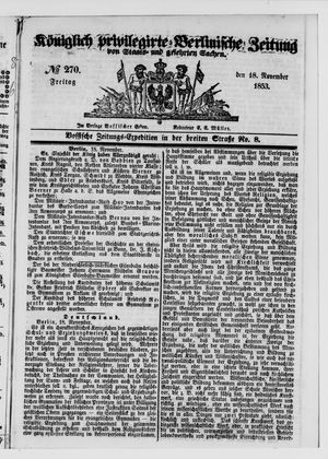 Königlich privilegirte Berlinische Zeitung von Staats- und gelehrten Sachen vom 18.11.1853