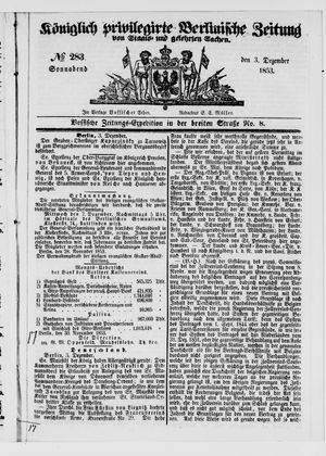 Königlich privilegirte Berlinische Zeitung von Staats- und gelehrten Sachen vom 03.12.1853