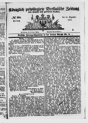 Königlich privilegirte Berlinische Zeitung von Staats- und gelehrten Sachen vom 16.12.1853