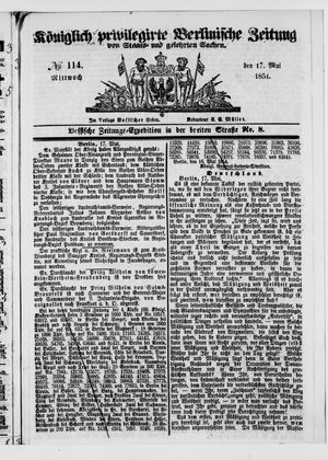 Königlich privilegirte Berlinische Zeitung von Staats- und gelehrten Sachen on May 17, 1854