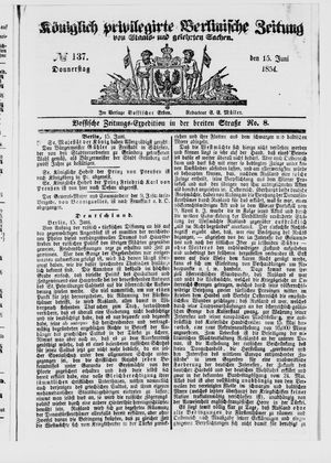 Königlich privilegirte Berlinische Zeitung von Staats- und gelehrten Sachen vom 15.06.1854