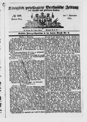 Königlich privilegirte Berlinische Zeitung von Staats- und gelehrten Sachen on Sep 7, 1854
