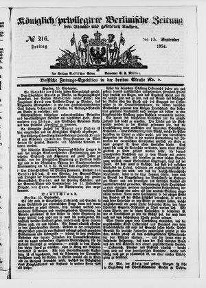 Königlich privilegirte Berlinische Zeitung von Staats- und gelehrten Sachen on Sep 15, 1854
