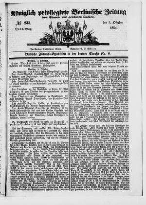 Königlich privilegirte Berlinische Zeitung von Staats- und gelehrten Sachen on Oct 5, 1854