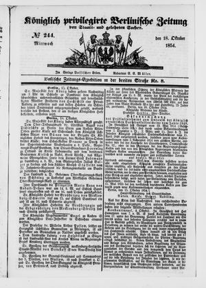 Königlich privilegirte Berlinische Zeitung von Staats- und gelehrten Sachen on Oct 18, 1854