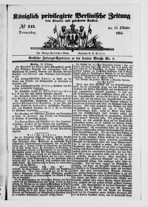 Königlich privilegirte Berlinische Zeitung von Staats- und gelehrten Sachen on Oct 19, 1854