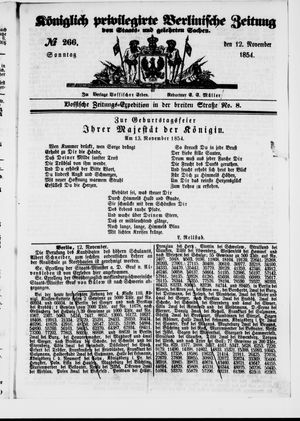 Königlich privilegirte Berlinische Zeitung von Staats- und gelehrten Sachen vom 12.11.1854