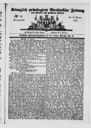 Königlich privilegirte Berlinische Zeitung von Staats- und gelehrten Sachen vom 13.01.1855