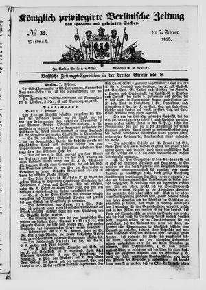 Königlich privilegirte Berlinische Zeitung von Staats- und gelehrten Sachen on Feb 7, 1855