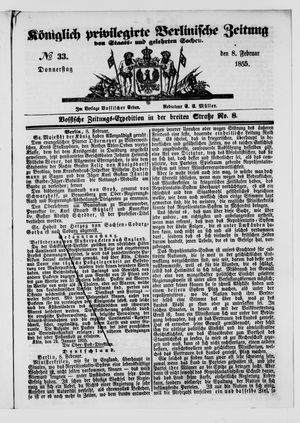 Königlich privilegirte Berlinische Zeitung von Staats- und gelehrten Sachen vom 08.02.1855