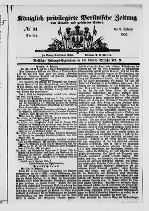 Königlich privilegirte Berlinische Zeitung von Staats- und gelehrten Sachen vom 09.02.1855