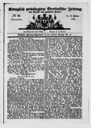 Königlich privilegirte Berlinische Zeitung von Staats- und gelehrten Sachen vom 15.02.1855