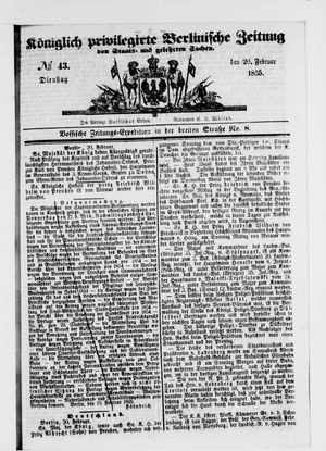 Königlich privilegirte Berlinische Zeitung von Staats- und gelehrten Sachen vom 20.02.1855