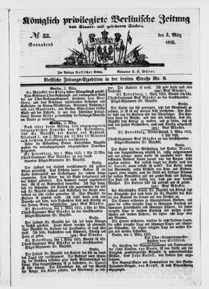 Königlich privilegirte Berlinische Zeitung von Staats- und gelehrten Sachen vom 03.03.1855