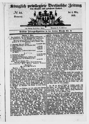 Königlich privilegirte Berlinische Zeitung von Staats- und gelehrten Sachen on Mar 4, 1855