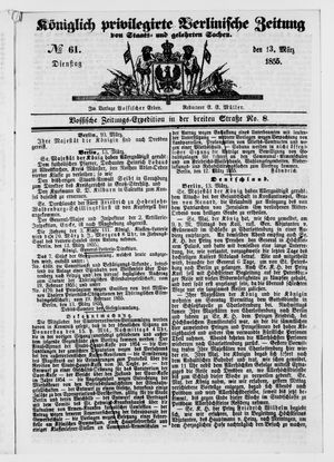 Königlich privilegirte Berlinische Zeitung von Staats- und gelehrten Sachen vom 13.03.1855