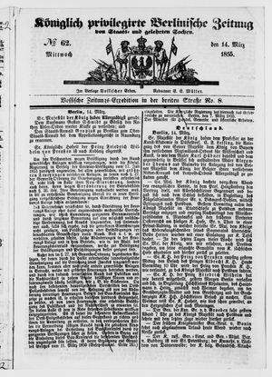 Königlich privilegirte Berlinische Zeitung von Staats- und gelehrten Sachen vom 14.03.1855