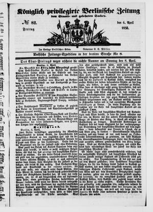 Königlich privilegirte Berlinische Zeitung von Staats- und gelehrten Sachen vom 06.04.1855
