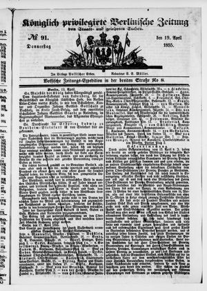 Königlich privilegirte Berlinische Zeitung von Staats- und gelehrten Sachen vom 19.04.1855