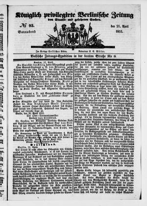 Königlich privilegirte Berlinische Zeitung von Staats- und gelehrten Sachen on Apr 21, 1855