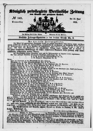 Königlich privilegirte Berlinische Zeitung von Staats- und gelehrten Sachen vom 21.06.1855