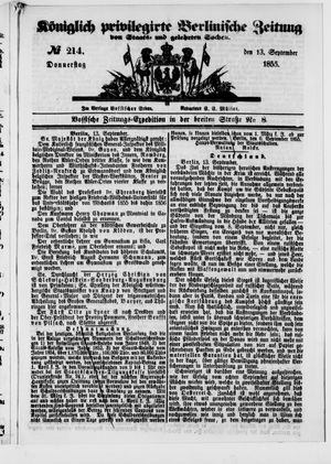 Königlich privilegirte Berlinische Zeitung von Staats- und gelehrten Sachen vom 13.09.1855