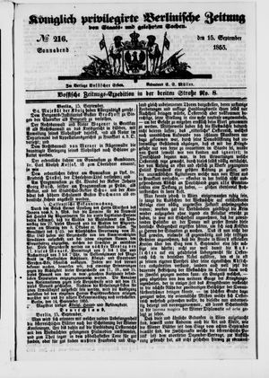 Königlich privilegirte Berlinische Zeitung von Staats- und gelehrten Sachen vom 15.09.1855