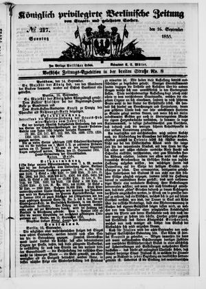 Königlich privilegirte Berlinische Zeitung von Staats- und gelehrten Sachen on Sep 16, 1855