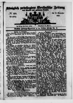 Königlich privilegirte Berlinische Zeitung von Staats- und gelehrten Sachen on Sep 18, 1855