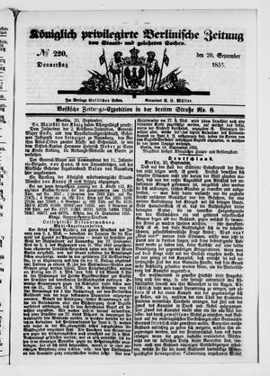 Königlich privilegirte Berlinische Zeitung von Staats- und gelehrten Sachen vom 20.09.1855