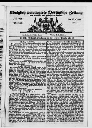 Königlich privilegirte Berlinische Zeitung von Staats- und gelehrten Sachen vom 10.10.1855