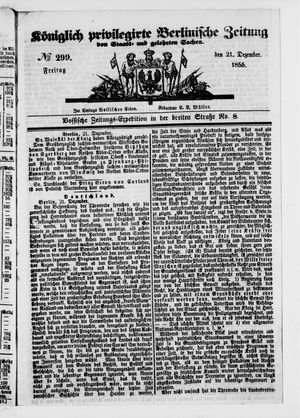 Königlich privilegirte Berlinische Zeitung von Staats- und gelehrten Sachen vom 21.12.1855
