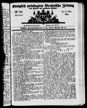 Königlich privilegirte Berlinische Zeitung von Staats- und gelehrten Sachen vom 30.04.1856