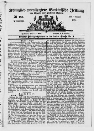 Königlich privilegirte Berlinische Zeitung von Staats- und gelehrten Sachen on Aug 7, 1856