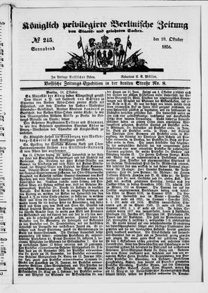 Königlich privilegirte Berlinische Zeitung von Staats- und gelehrten Sachen on Oct 18, 1856