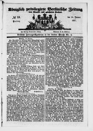 Königlich privilegirte Berlinische Zeitung von Staats- und gelehrten Sachen vom 16.01.1857