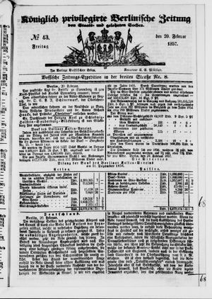 Königlich privilegirte Berlinische Zeitung von Staats- und gelehrten Sachen vom 20.02.1857