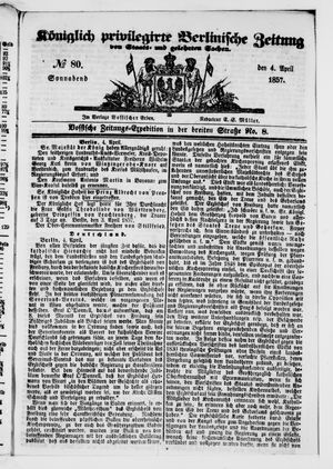 Königlich privilegirte Berlinische Zeitung von Staats- und gelehrten Sachen on Apr 4, 1857