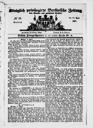 Königlich privilegirte Berlinische Zeitung von Staats- und gelehrten Sachen on Apr 19, 1857