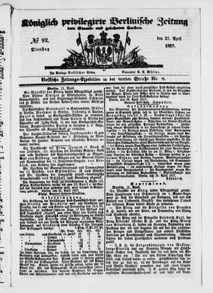 Königlich privilegirte Berlinische Zeitung von Staats- und gelehrten Sachen vom 21.04.1857