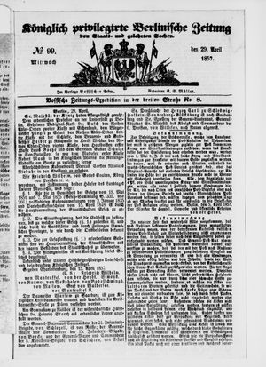 Königlich privilegirte Berlinische Zeitung von Staats- und gelehrten Sachen on Apr 29, 1857
