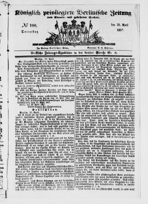 Königlich privilegirte Berlinische Zeitung von Staats- und gelehrten Sachen on Apr 30, 1857