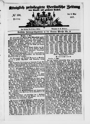 Königlich privilegirte Berlinische Zeitung von Staats- und gelehrten Sachen vom 08.05.1857