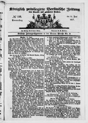 Königlich privilegirte Berlinische Zeitung von Staats- und gelehrten Sachen vom 11.06.1857