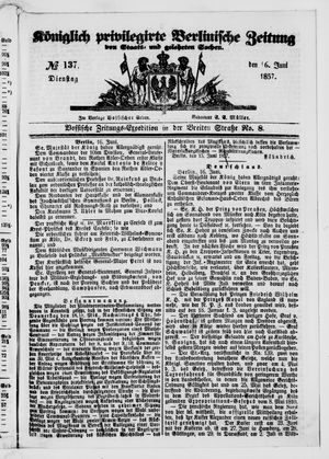 Königlich privilegirte Berlinische Zeitung von Staats- und gelehrten Sachen vom 16.06.1857