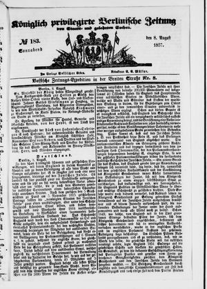 Königlich privilegirte Berlinische Zeitung von Staats- und gelehrten Sachen vom 08.08.1857