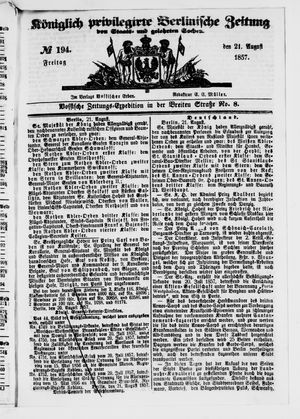 Königlich privilegirte Berlinische Zeitung von Staats- und gelehrten Sachen vom 21.08.1857