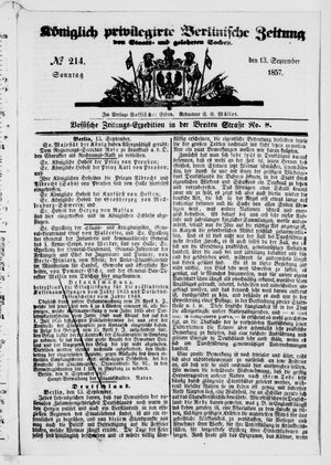 Königlich privilegirte Berlinische Zeitung von Staats- und gelehrten Sachen on Sep 13, 1857