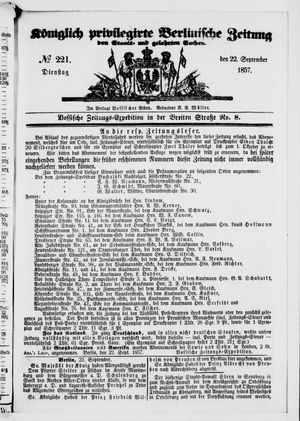 Königlich privilegirte Berlinische Zeitung von Staats- und gelehrten Sachen vom 22.09.1857